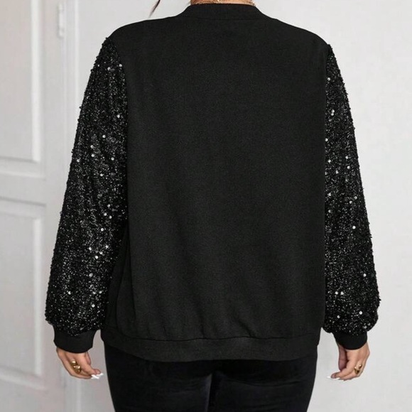 Black Sequin Long Sleeve Bomber Zip-Up Jacket - Picture 3 of 3